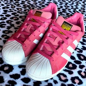 Adidas Superstars ~ Suede Pink and White Stripes ~ orthopedic, shell top sneaker